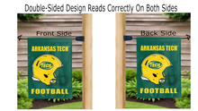 Load image into Gallery viewer, arkansas tech football logo reading correctly on both sides of green double sided garden flag
