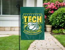 Load image into Gallery viewer, green arkansas tech garden flag with jerry the bulldog logo for yard decor