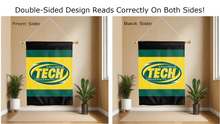 Load image into Gallery viewer, arkansas tech university logo reading correctly on both sides of black green and gold double sided house flag