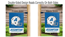 Load image into Gallery viewer, assumption greyhounds football logo reading correctly on both sides of blue and white garden flag