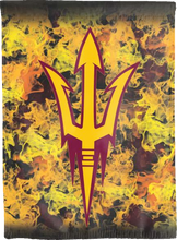 Load image into Gallery viewer, asu double sided house flag with pitchfork logo and flames background