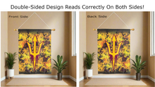 Load image into Gallery viewer, asu pitchfork logo reading correctly on both sides of asu double sided house flag with flames background