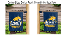 Load image into Gallery viewer, averett university cougars logo reading correctly on both sides of blue double sided garden flag