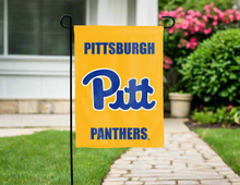 Load image into Gallery viewer, back side of blue and gold pittsburgh panthers double sided garden flag for yard decor
