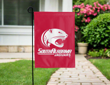 Load image into Gallery viewer, back side of blue and red south alabama jaguars double sided garden flag for yard decor