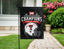 Load image into Gallery viewer, back side of texas tech football garden flag with big 12 conference champions 2025 logo for yard decor