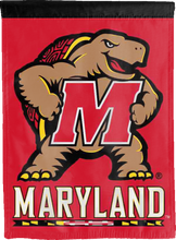 Load image into Gallery viewer, back side of university of maryland terps double sided house flag black and red