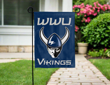 Load image into Gallery viewer, back side of blue wwu vikings double sided garden flag for yard decor