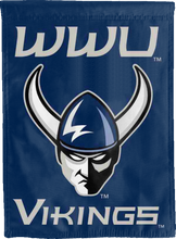 Load image into Gallery viewer, back side of blue wwu vikings double sided garden flag for man cave decor