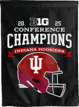 Load image into Gallery viewer, back side view of indiana football house flag with big ten conference champions logo for man cave decor