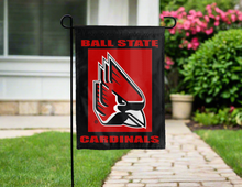 Load image into Gallery viewer, ball state university garden flag with cardinals logo hung outside for yard decor