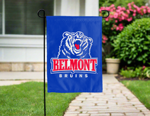 Load image into Gallery viewer, belmont bruins double sided garden flag hung outside for yard decor
