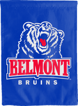 Load image into Gallery viewer, belmont bruins double sided house flag hung outside for man cave decor