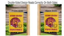 Load image into Gallery viewer, bethune cookman football logo reading correctly on both sides of gold double sided garden flag
