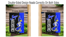 Load image into Gallery viewer, black and blue creighton jays logo reading correctly on both sides of vintage garden flag