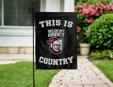 Load image into Gallery viewer, black double sided garden flag with this is belmont abbey crusaders country logo for yard decor