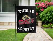 Load image into Gallery viewer, black double sided garden flag with this is caldwell university country logo for yard decor