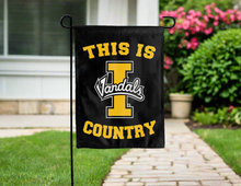 Load image into Gallery viewer, black double sided garden flag with this is idaho vandals country logo for yard decor