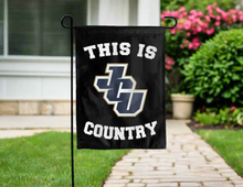Load image into Gallery viewer, black double sided garden flag with this is jcu lobos country logo for yard decor