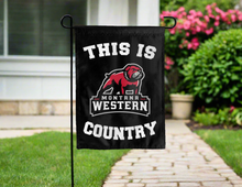 Load image into Gallery viewer, black double sided garden flag with this is montana western country logo for yard decor
