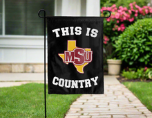 Load image into Gallery viewer, black double sided garden flag with this is msu country logo for yard decor