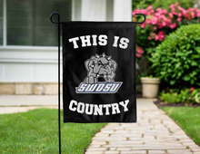 Load image into Gallery viewer, black double sided garden flag with this is swosu country logo for yard decor