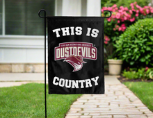 Load image into Gallery viewer, black double sided garden flag with this is tamiu dustdevils country logo for yard decor