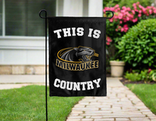 Load image into Gallery viewer, black double sided garden flag with this is uw milwaukee panthers country logo for yard decor