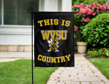 Load image into Gallery viewer, black double sided garden flag with this is wvsu yellow jackets country logo for yard decor