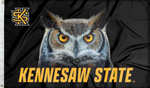 Load image into Gallery viewer, black kennesaw state flag with realistic owl logo for college dorm decor
