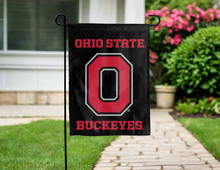 Load image into Gallery viewer, black ohio state buckeyes double sided garden flag for yard decor
