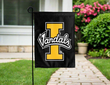Load image into Gallery viewer, black university of idaho garden flag with I vandals logo for yard decor