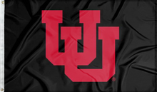Load image into Gallery viewer, black university of utah flag with interlock uu logo for college dorm decor