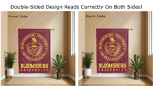 Load image into Gallery viewer, bloomsburg university seal logo reading correctly on both sides of maroon double sided house flag