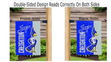 Load image into Gallery viewer, blue and grey creighton jays logo reading correctly on both sides of vintage garden flag