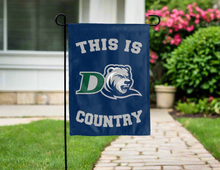 Load image into Gallery viewer, blue double sided garden flag with this is drew university rangers logo for yard decor