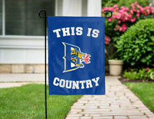 Load image into Gallery viewer, blue double sided garden flag with this is drexel university dragons country logo for yard decor