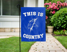 Load image into Gallery viewer, blue double sided garden flag with this is ecsu vikings country logo for yard decor