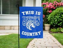 Load image into Gallery viewer, blue double sided garden flag with this is fayetteville state broncos country logo for yard decor