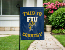 Load image into Gallery viewer, blue double sided garden flag with this is fiu panthers country logo for yard decor