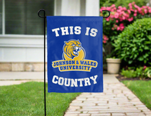 Load image into Gallery viewer, blue double sided garden flag with this is johnson & wales university wildcats country logo for yard decor