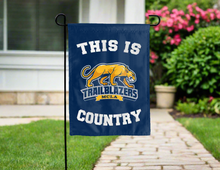 Load image into Gallery viewer, blue double sided garden flag with this is mcla trailblazers country logo for yard decor