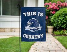 Load image into Gallery viewer, blue double sided garden flag with this is monmouth hawks country logo for yard decor