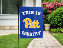 Load image into Gallery viewer, blue double sided garden flag with this is pitt country logo for yard decor