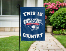 Load image into Gallery viewer, bleu double sided garden flag with this is southern indiana screaming eagles logo for yard decor