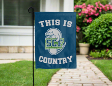 Load image into Gallery viewer, blue double sided garden flag with this is state college of florida manatees country logo for yard decor