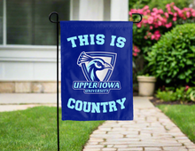 Load image into Gallery viewer, blue double sided garden flag with this is upper iowa university country logo for yard decor