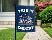 Load image into Gallery viewer, blue double sided garden flag with this is utsa roadrunners country logo for yard decor