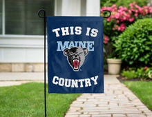 Load image into Gallery viewer, blue double sided garden flag with this is maine black bears country logo for yard decor