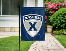 Load image into Gallery viewer, blue double sided garden flag with xavier shield logo for yard decor